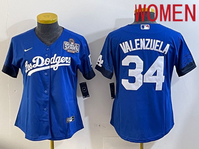 Women Los Angeles Dodgers #34 Valenzuela 2024 World series patch blue jersey 2024112004->youth mlb jersey->Youth Jersey